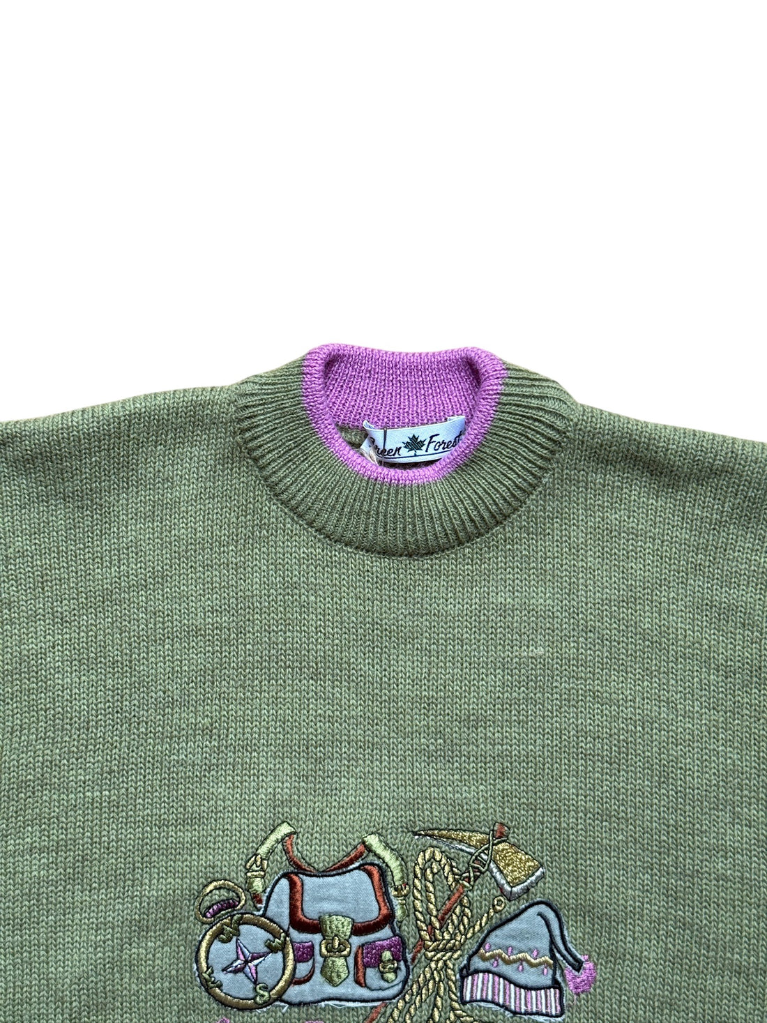 Pull vert montagnard fleurs brodées - 8/10 ans