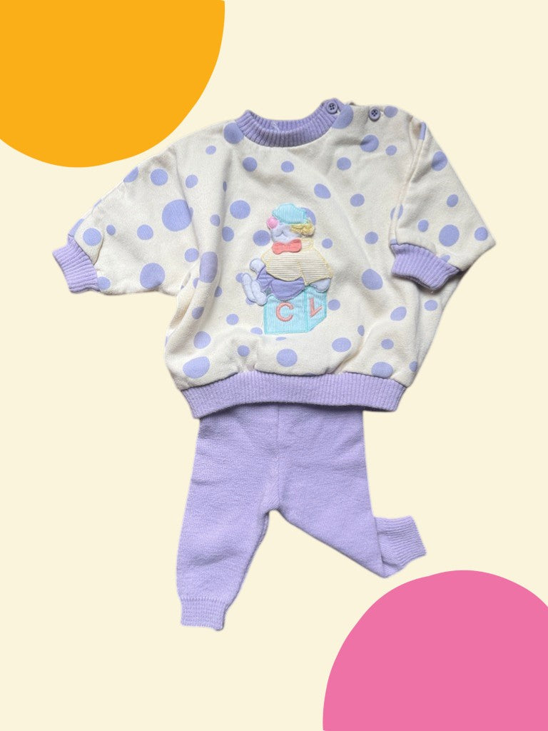 Ensemble clown jaune et lilas à pois - 6/9 mois