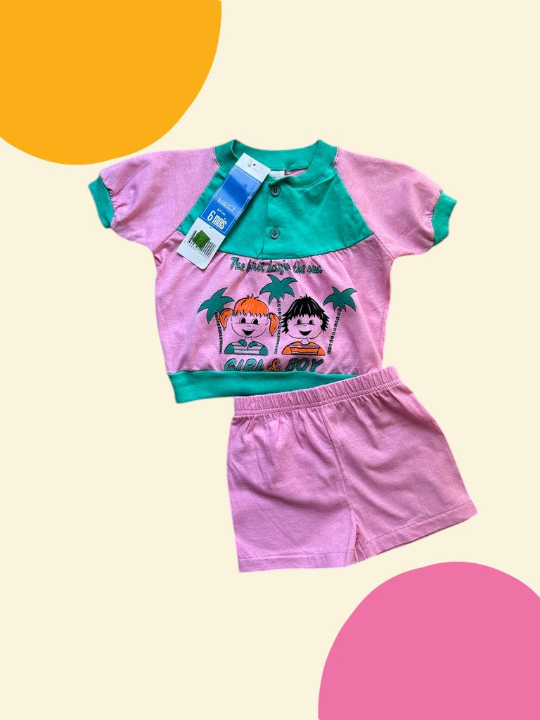 Ensemble t-shirt teddy + short girl & boy rose - 6 mois