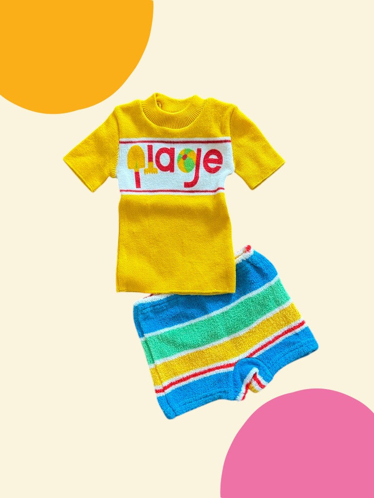 Ensemble t-shirt maille jaune + short rayé éponge plage - 6 mois