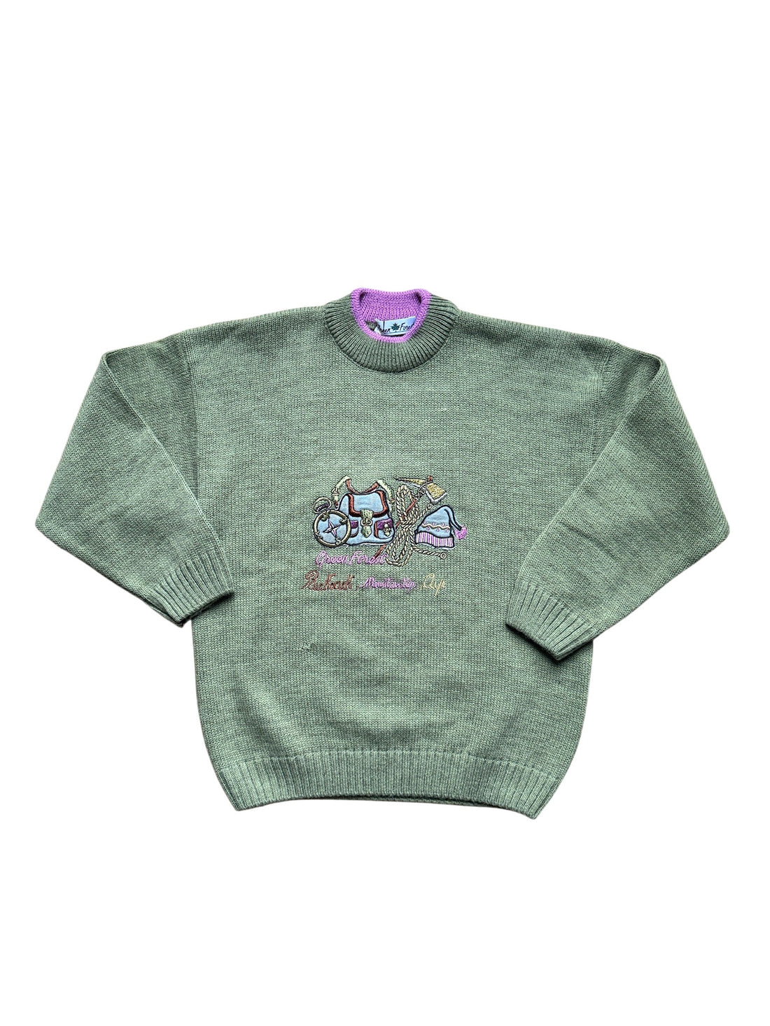 Pull vert montagnard fleurs brodées - 8/10 ans