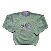 Pull vert montagnard fleurs brodées - 8/10 ans