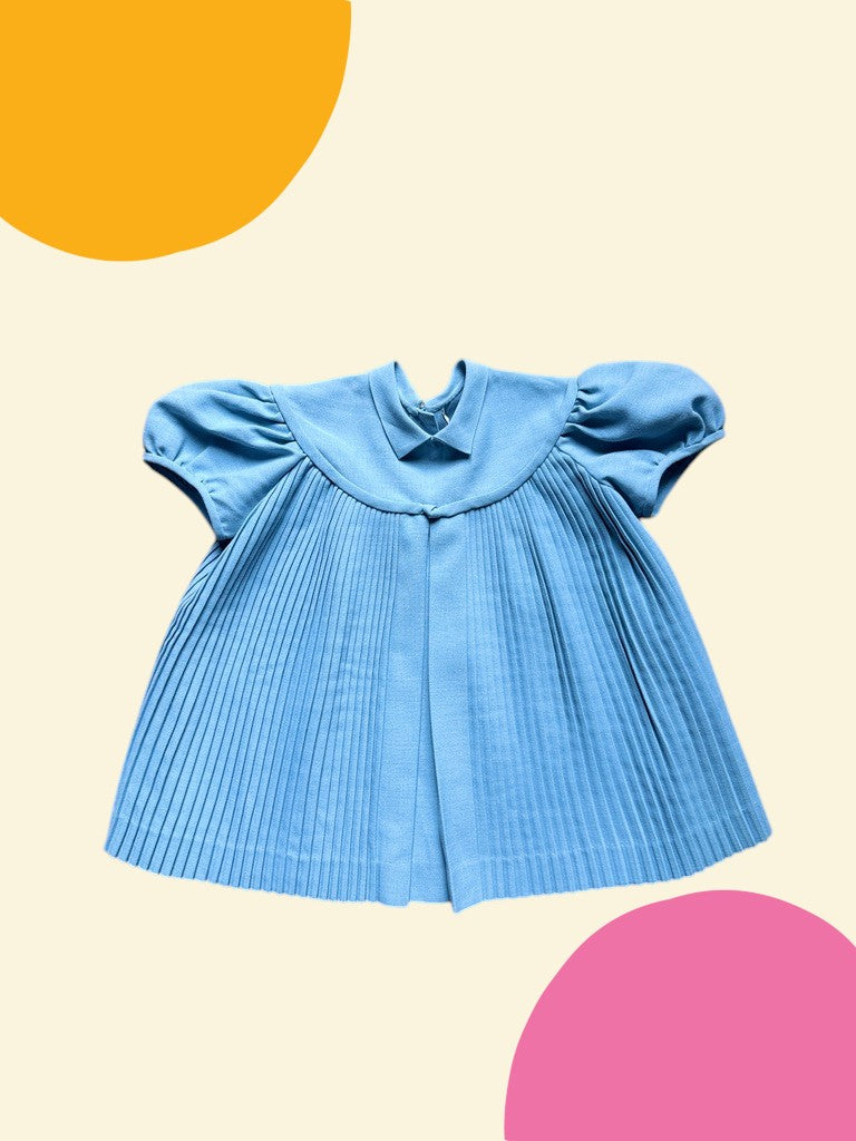 Robe ancienne plissée bleue - 12/18 mois