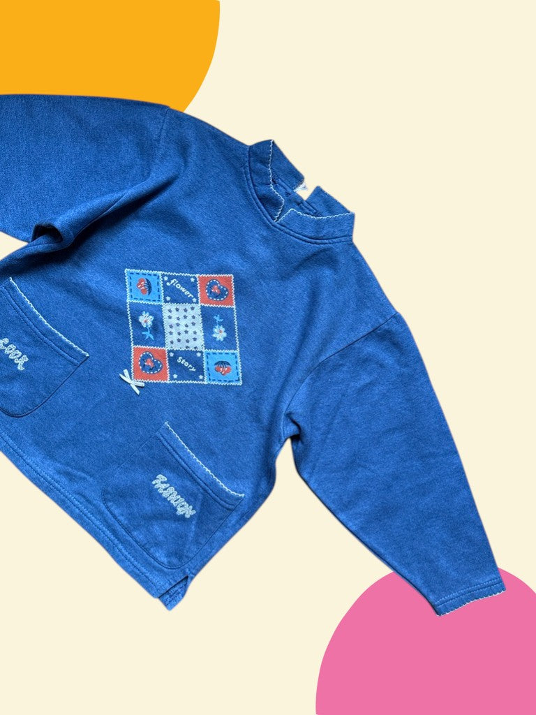 Sweat patchwork fleuri bleu jean - 6/8 ans