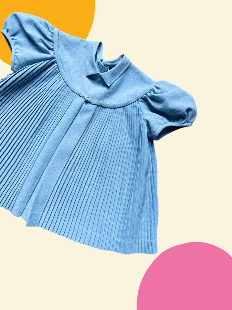 Robe ancienne plissée bleue - 12/18 mois